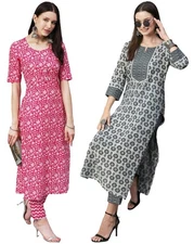 GoSriKi Women's Cotton Blend Printed Straight Kurta with Pant Pack of 2