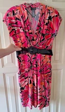 Bisou Bisou Womens 8 Dress Pink Colorful Tropical Belted Bohbot Empire Babydoll 