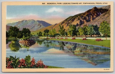 Vintage Provo UT Memorial Park Mt. Timpanogos Linen Postcard Curteich