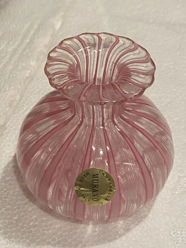 MURANO VENETIAN Pink & White LATTICINO Mini VASE w/Orig. Campanella Label, 2" H