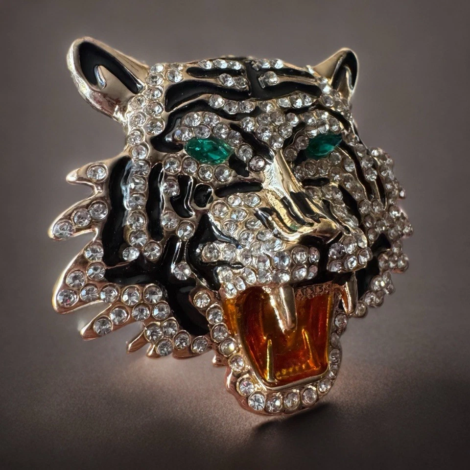 Broche Cabeza de Tigre Estrás Vintage Tono Dorado Ojos Verdes Esmalte Negro Prendedor Foto 3 de 4