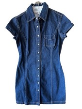 Tommy Hilfiger Dress Womens 4 Blue Denim Short Sleeve Button Front Pocket Logo