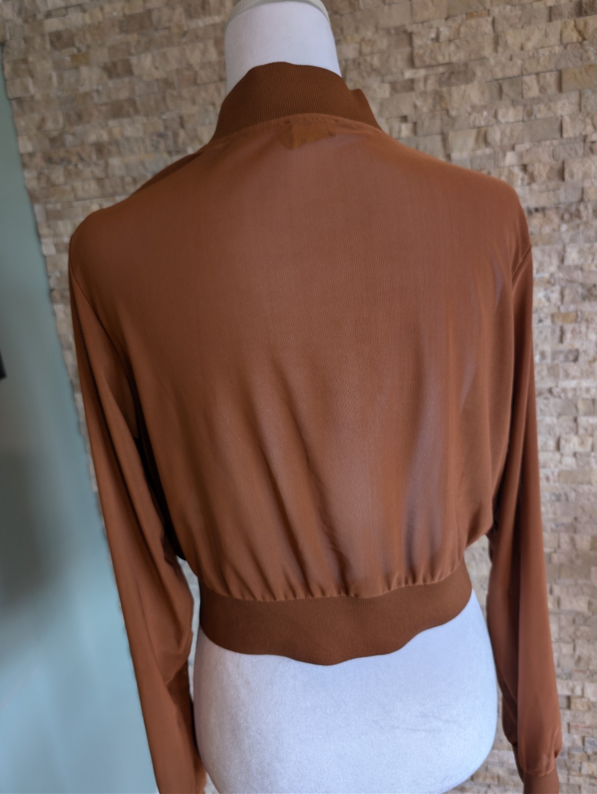Brown Neutral Mesh Zip Up Cropped Jacket Yoga Bomber Gym Street Style image 2