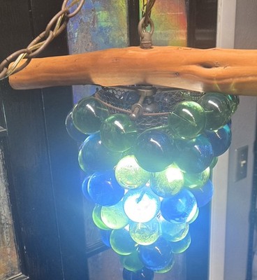Vintage Grape Cluster Lucite Blue Green Wood Branch Swag Light Lamp