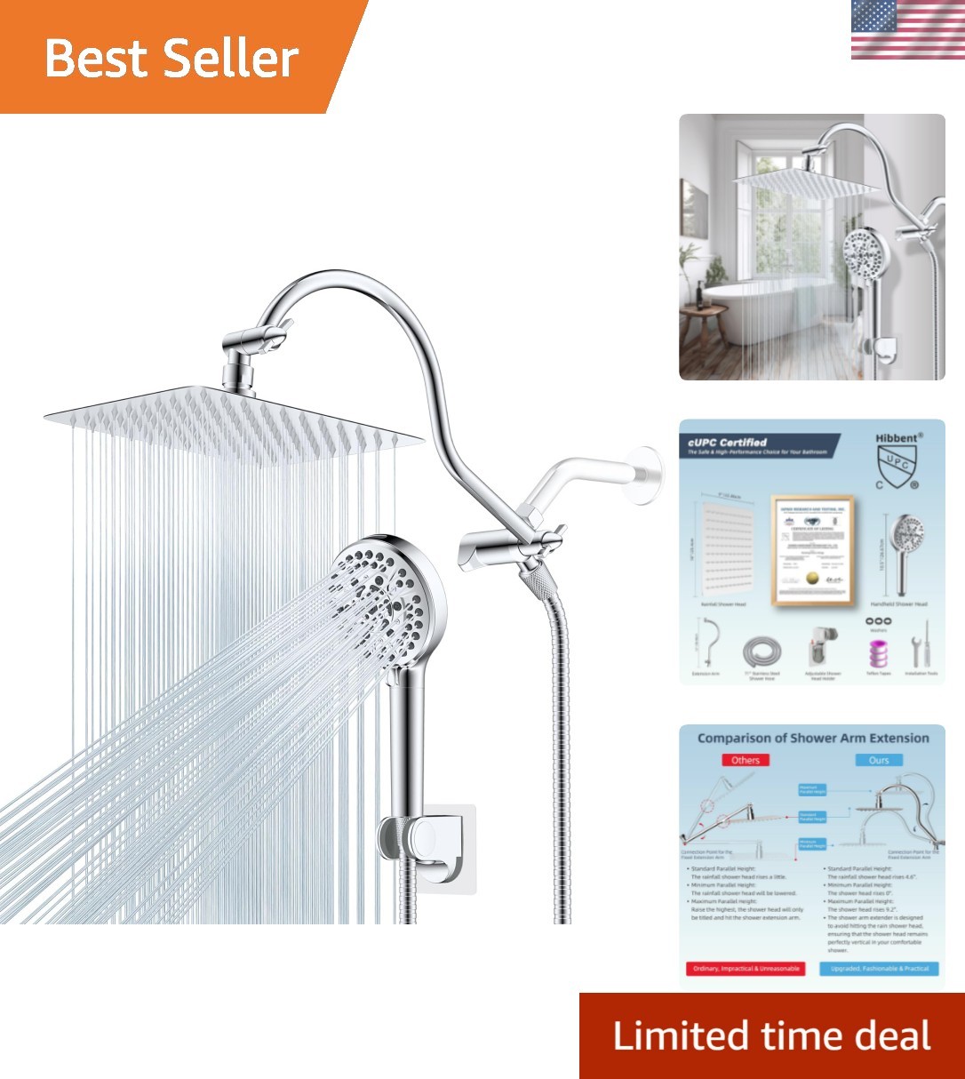 Elegante cabezal de ducha de lluvia de 10"" con brazo ajustable y manguera de acero inoxidable de 71""