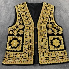 Afghan Mens L Waistcoat Vest Black Velvet Gold Embroidered Mirror Work Kuchi