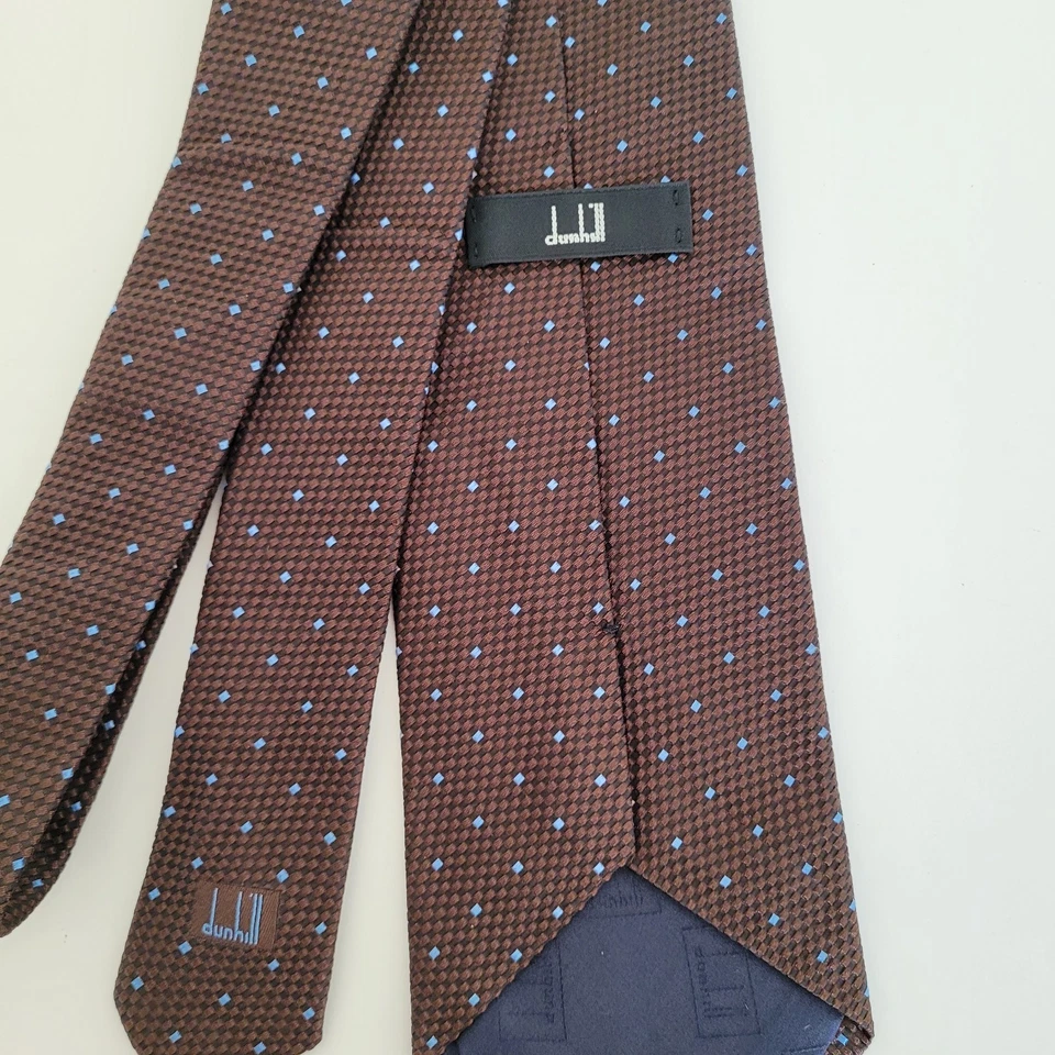 Corbata Dunhill para Hombre Hecha en Inglaterra Diseñador Seda Marrón Azul Lunares Geoma Foto 3 de 4