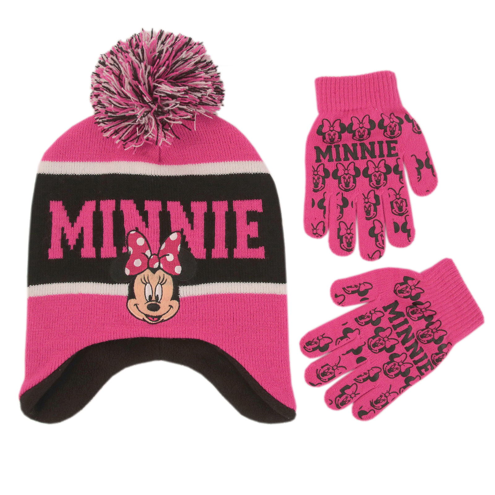 Disney girls Minnie Mouse Hat And Gloves Cold Weather Set Age 4-7 Black 