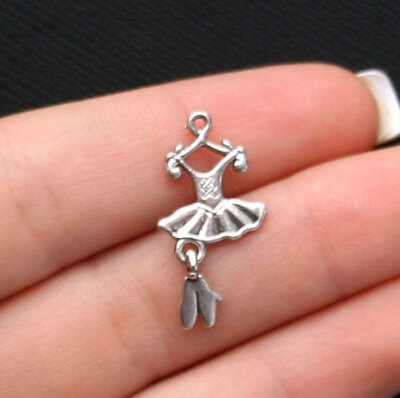 6 Ballet Charms Antique Silver Tone 2 Sided Tutu Dangling Toe Shoes - SC1076