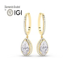 Pear  6 ct Solitaire Halo 18K Yellow Gold Hoops Earrings,Lab-grown IGI Certified