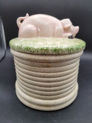 Ceramic Hand Painted Canister Cookie Jar Crock 3d Pig On Top - Picture 2 of 7