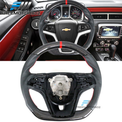 Fits 12-15 Chevy Camaro CF Leather Steering Wheel W/ Red Stitching & Indicator