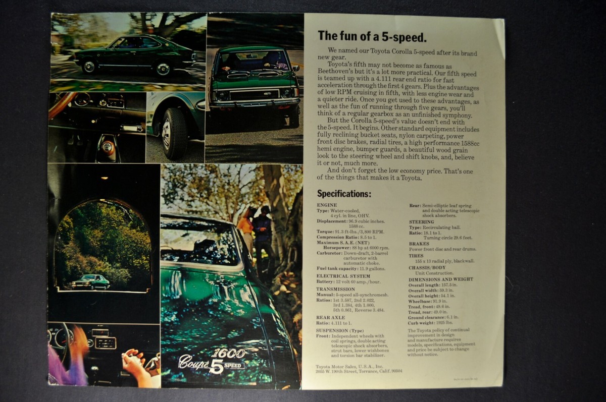 1973 Toyota Corolla 1600 5-Speed Coupe Brochure Sheet Nice