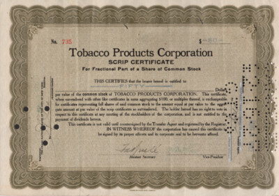 tobacco products corporation stock certificate of Delaware Tobacco & Cigar Stocks and