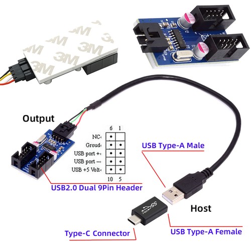 USB 3.1 Male Type-C USB-C to USB 2.0 Type-A Male 1 to 2 Female Motherboard 9pin - Picture 4 of 6