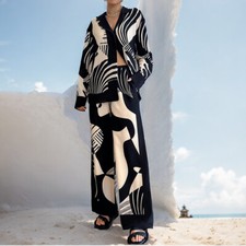 Womens Printed Shirt Two Piece Set Long Sleeve Blouse and Pants Lounge Outfit