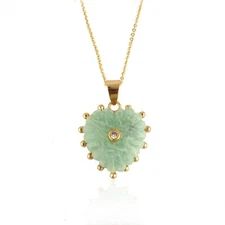Amazonite Heart Pendant Necklace Gold Plated CZ Carved Gemstone Charm Jewelry