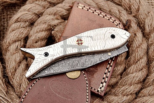 HUNTEX Custom Handmade Damascus 110 mm Carved Copper Hunting Pocket Fisher Knife - Picture 6 of 7