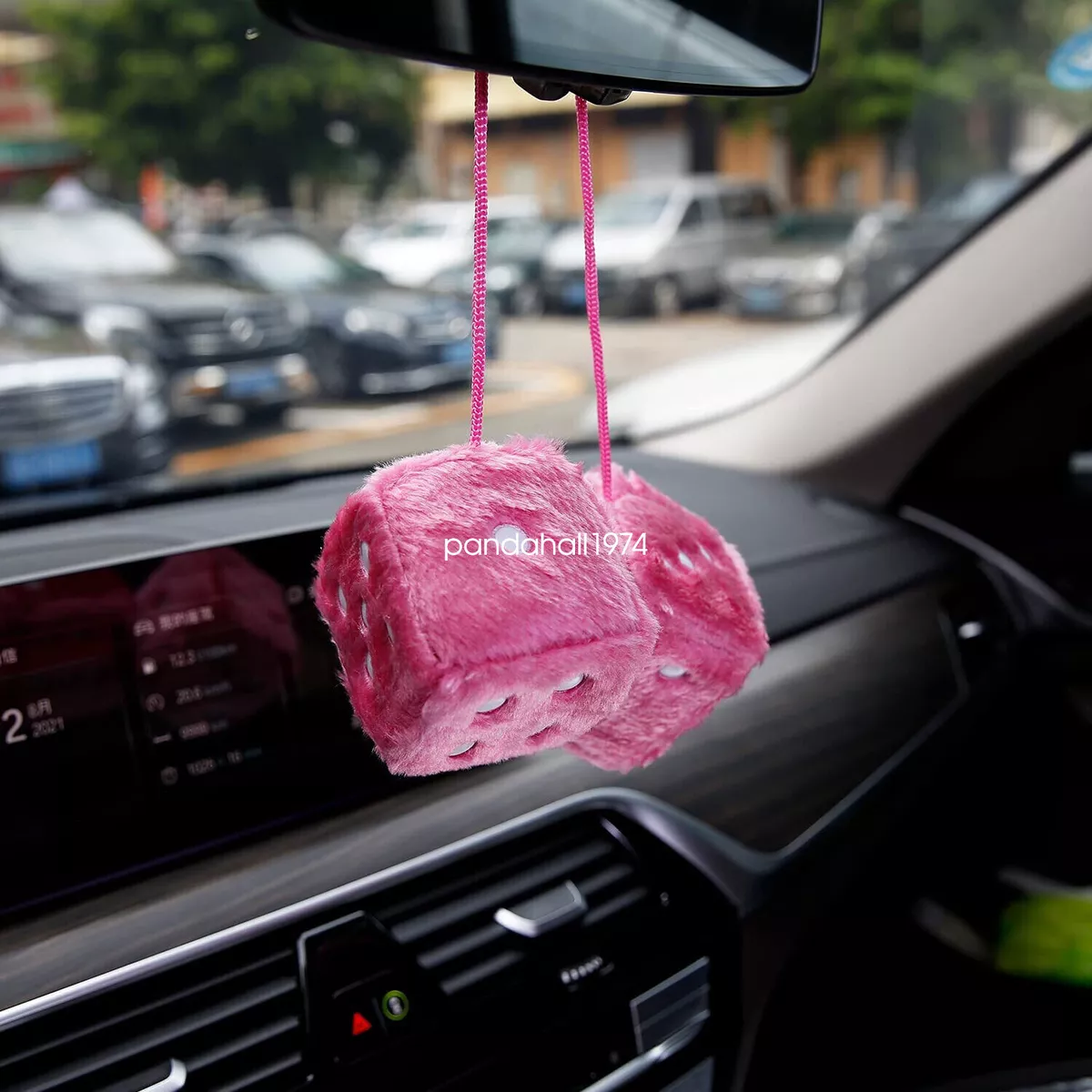 1 Pair Auto Pink Fuzzy Dice Front Car Plush Hanging Rearview