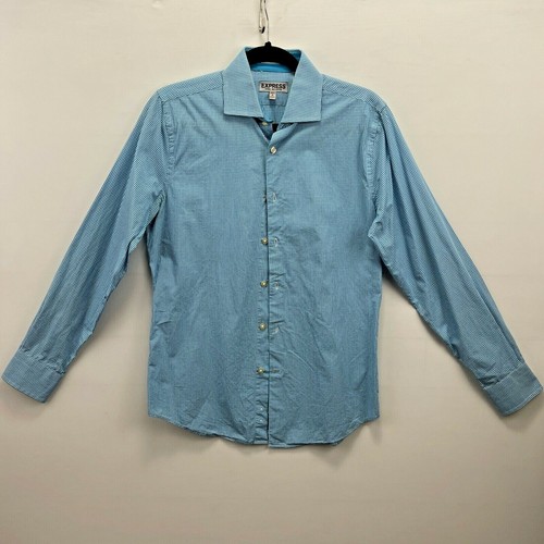 Express Men's Long Sleeve Button Up Small Blue Checker 100 Cotton