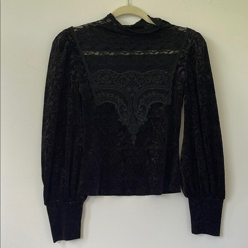 🖤 Dark in Love Gothic Velvet Jacquard Lantern Sleeve Black Top Size M - Bild 2 von 7