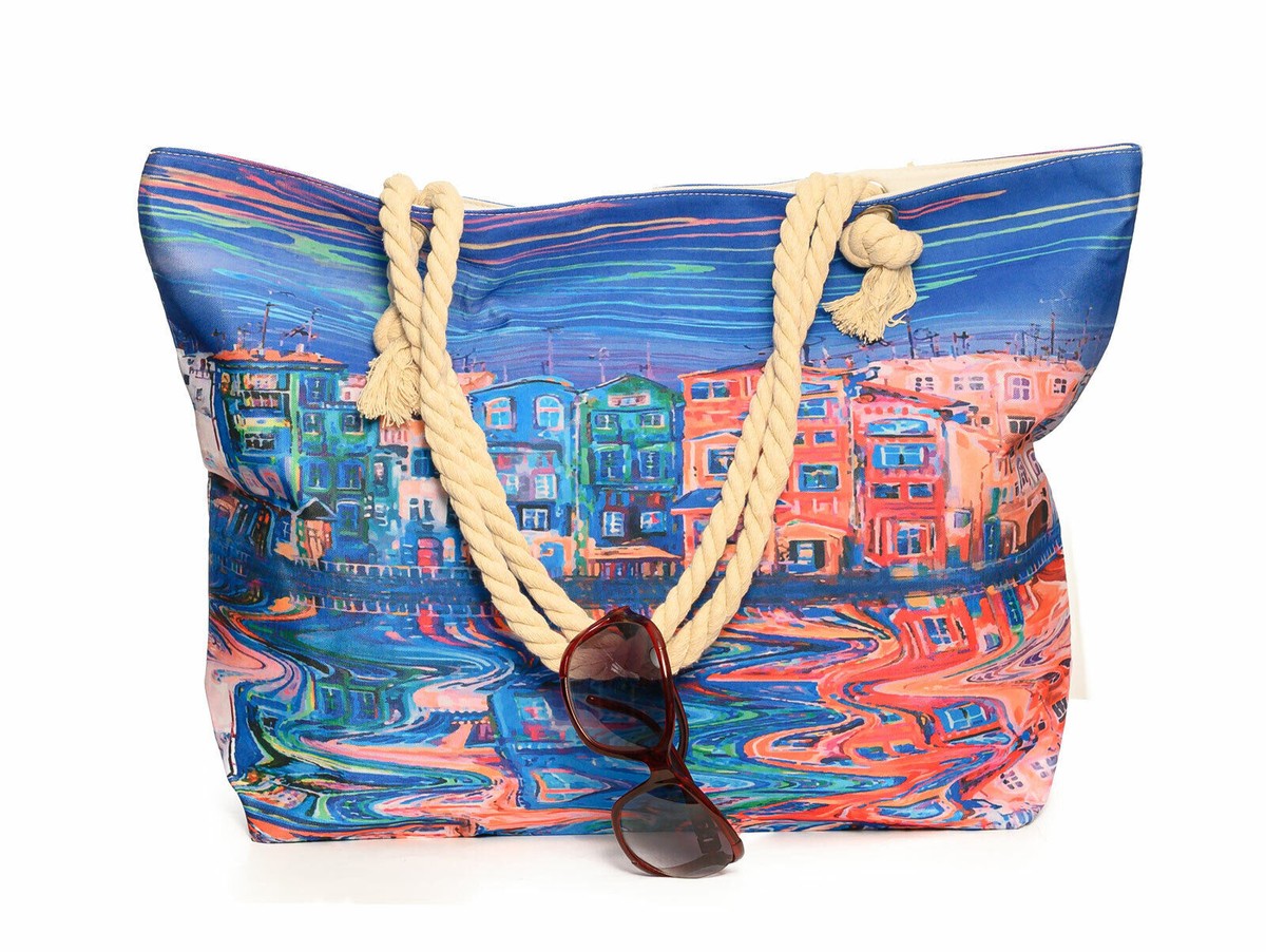 XXL Damen Strandtasche Stadt am Wasser Venedig Amsterdam Blau Rosa