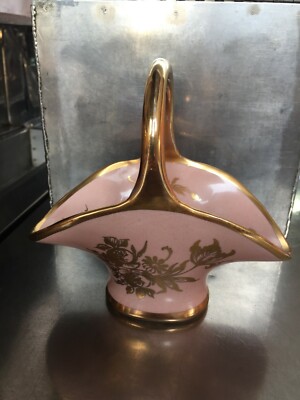 CARLIN COMFORTS Pink TRINKET BASKET GOLD COLOR TRIM Flowers Vintage Estate Sale