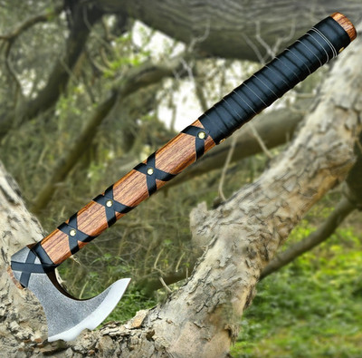 Wikinger Axt von Ragnar Lothbrok Jagdaxt Rosenholzgriff schwarze Lederwicklung