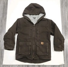 Carhartt Youth Medium M 10/12 Jackson Coat Brown Duck Canvas Hooded Sherpa Lined