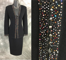 BEAUTIFUL St John evening knit black Multi rhinestones embellished skirt suit 2