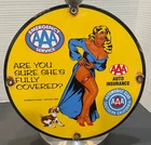 Vintage 1958 AAA Automobile Club woman & dog 12" porcelain sign gas and oil NICE
