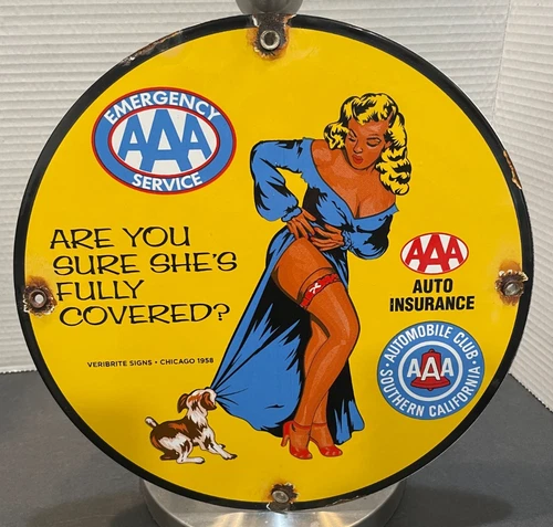 Vintage 1958 AAA Automobile Club woman & dog 12" porcelain sign gas and oil NICE