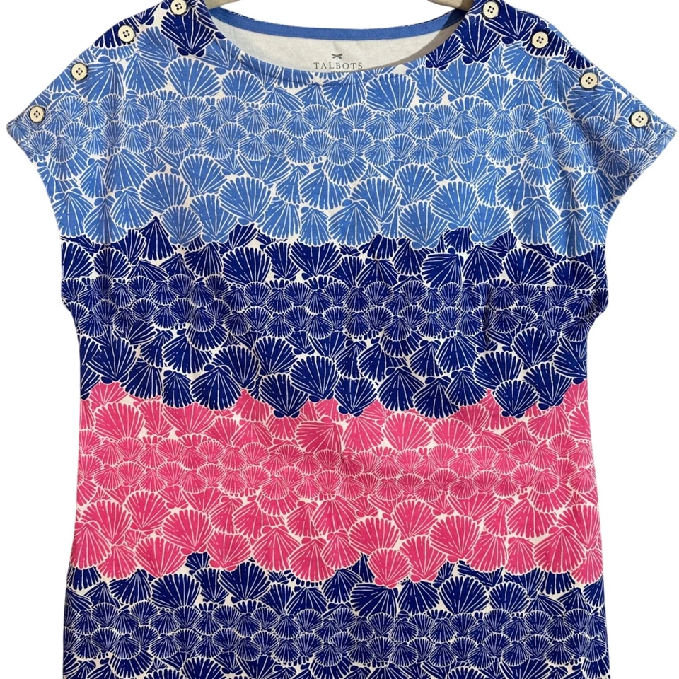 Vestido Talbots Petites LP Rosa Azul Estampado Concha Costero Verano Informal Botones Foto 2 de 4