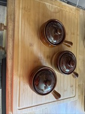 Set of 3 Vintage French Onion Soup Crocks Handled Bowls with Lids Brown Glazed