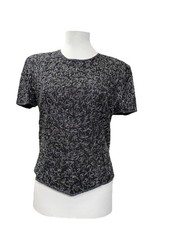 Papell Boutique Evening Navy Blue Black Beaded 100% Silk Short Sleeve Top Size M