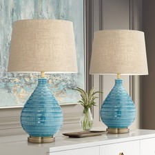 Coastal Table Lamps Set of 2 Ceramic Sky Blue for Living Room Family Bedroom