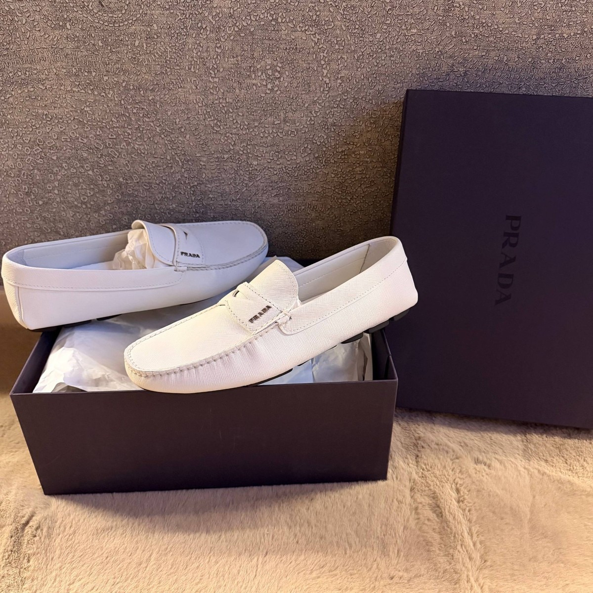 Prada Men Logo Saffiano Driving Moccasins Shoes USA 10 EU 43 UK 9
