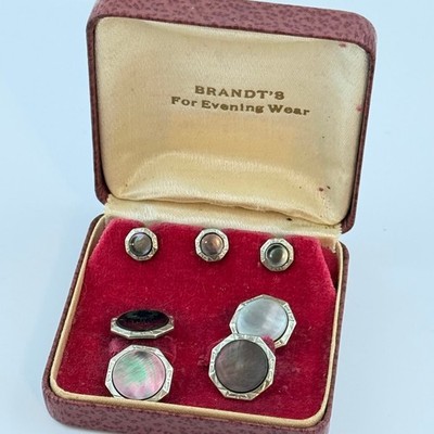 Vtg Art Deco Brandt Evening Wear Cufflinks Stud Set Mother of Pearl Tuxedo Fancy