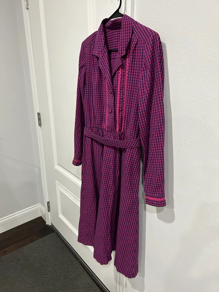 Vestido Camisa Vintage Gingham Manga Longa Rosa Azul Cinto Carreira Preppy Academia - Imagem 3 de 4