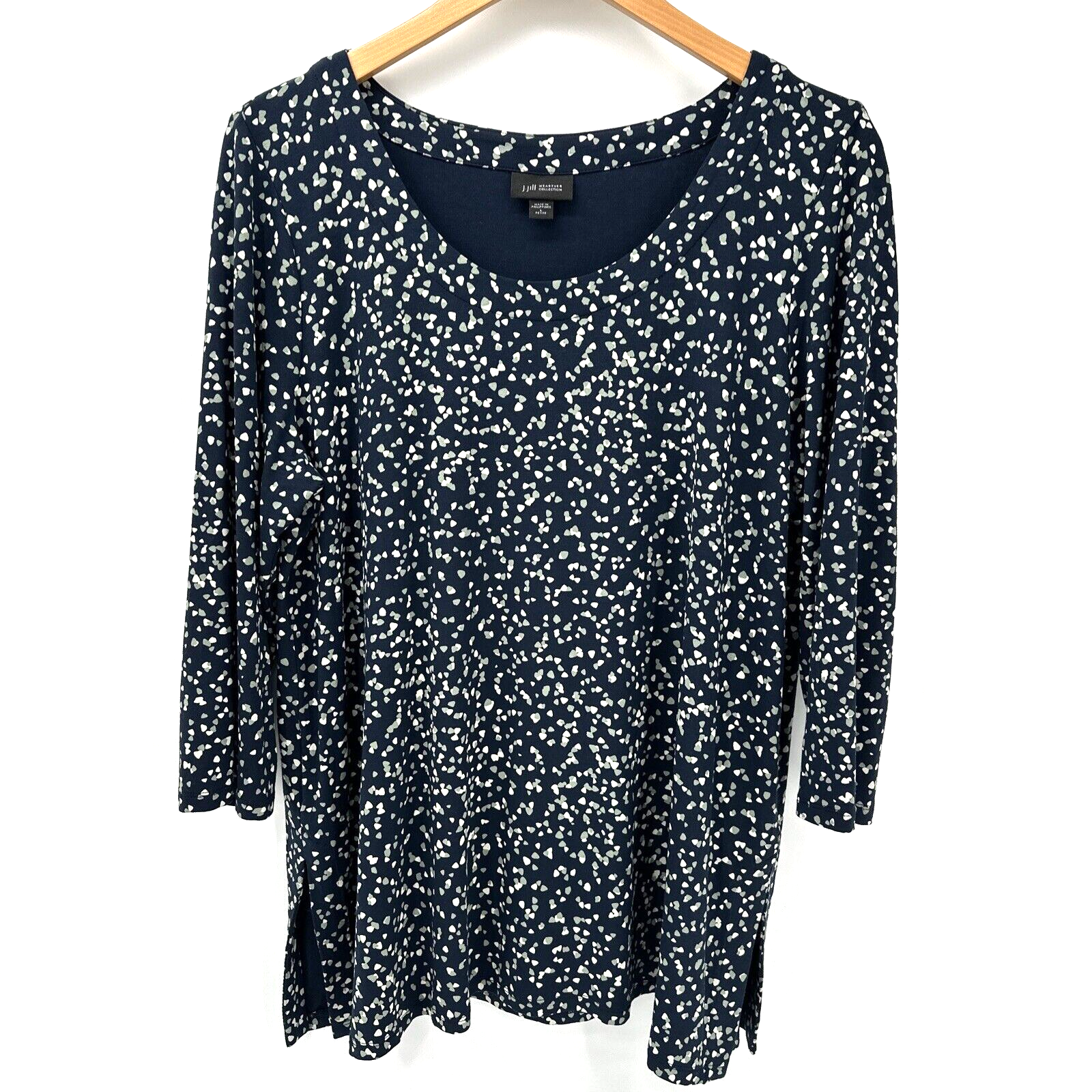 J Jill Wearever Tunic Womens Petite Large Lp Blue Pullover 3/4 Sleeve Geometric