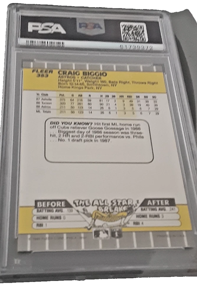 Craig Biggio RC 1989 Fleer PSA 10 #353 Rookie Astros HOF  - Image 3 of 4