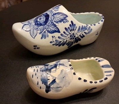 Holland Delft Blauw Shoe Porcelain Blue & White Floral & Windmill  Lot of 2