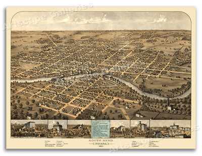 South Bend Indiana 1866 Historic Panoramic Town Map - 18x24