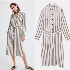 ZARA boho cream tan striped linen buttoned belted collared shirt midi dress S