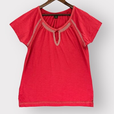 Eddie Bauer Shirt Women M Red Crochet Embroidery Cotton Raglan Short Sleeve F63
