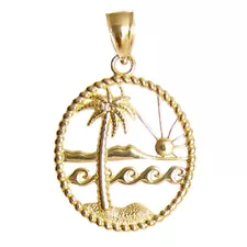 New 14k Yellow Gold Beach Scene Palm Tree Pendant