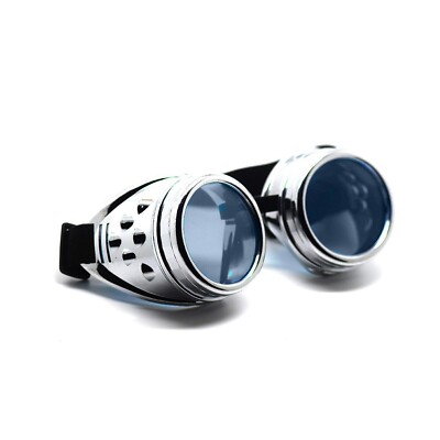 Steampunk Brille Silber mit blauen Gläsern Cyber Vintage Retro Schweißerbrille