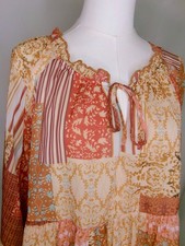 Aakaa Patchwork Boho Babydoll Dress Medium Long Sleeve Peasant Festival