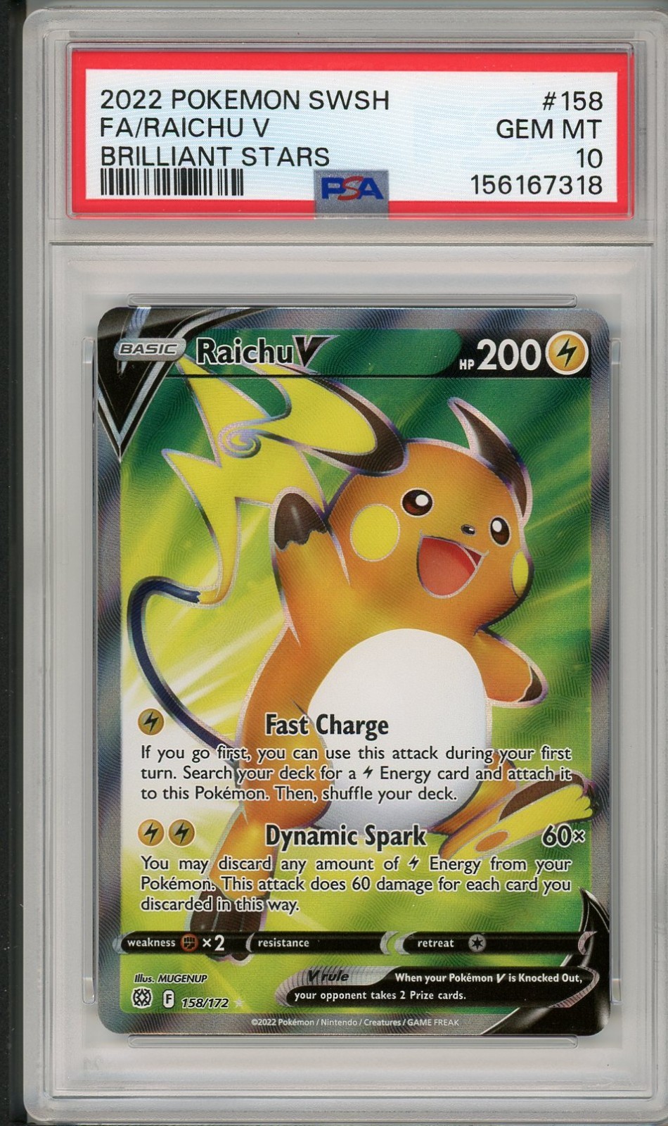 2022 Pokemon SWSH Brilliant Stars Raichu V Full Art #158 PSA 10