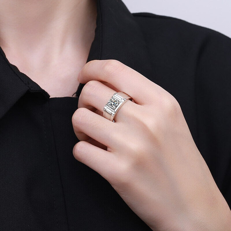 Men's D Color Moissanite Engagement Ring – 0.5/1 Carat 925 Sterling Silver Band-image